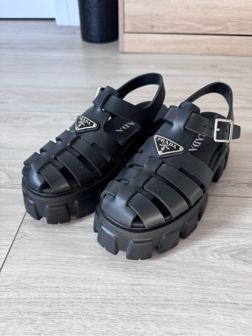 Prada Black Chunky Fisherman Platform Sandals with Logo Plaque